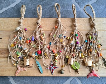 Witch Bells door hanger for extra protection, boho fantasy wind chime with hanging brass bells and mixed beads, ethnic whimsical feathers