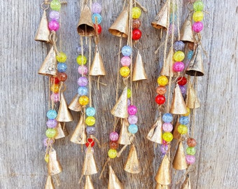 Hippie Boho Windchime with large Acrylic Crackle Beads, Colorfull doorhanger, Window Suncatcher, bronze cow cattle bells, musical carillon