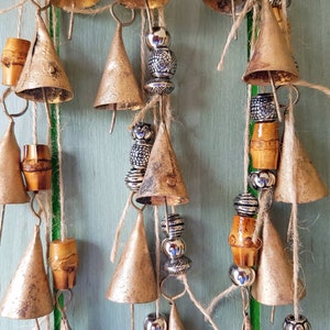 Cow bells on a string, Windchime with bamboo and silver colored ornated beads, Rustic Wind chime, Boho, Ethnic, Bohemian, feng shui, India