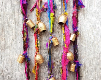 1 Colorful Windchime with 3 bells, Window  Suncatcher, Door Chime, Musical doorhanger, bronze metal bell, cattle bell, Sari silk ribbon