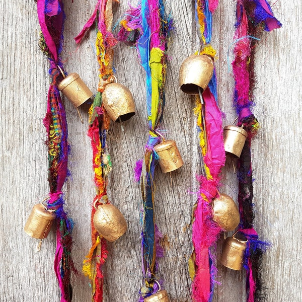 Colorful Windchime, Window  Suncatcher, Door Chime, Musical doorhanger, bronze metal bell, India cow bells, cattle bell, Sari silk ribbon