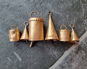 6 Brass Bells, Cow Bells, Cattle bells, Wedding bell favors, gol metal tin, Windchime, Vintage Bell, India metal bell, rustic farmhouse