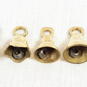 Set of 4 or 5 Brass Bells, Bells from India, bell supplies, Sarna Bells, String, Buddhist Kabbalah, Hanging Bells Engraved Etched Hammered image 4