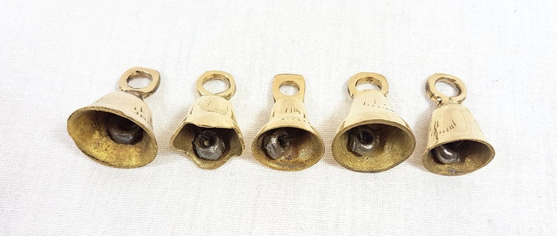 Set of 4 or 5 Brass Bells, Bells from India, bell supplies, Sarna Bells, String, Buddhist Kabbalah, Hanging Bells Engraved Etched Hammered image 4