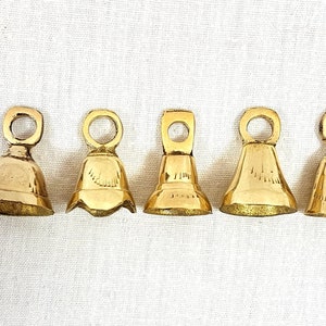 Set of 4 or 5 Brass Bells, Bells from India, bell supplies, Sarna Bells, String, Buddhist Kabbalah, Hanging Bells Engraved Etched Hammered image 1