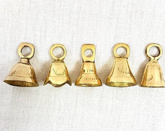 Set of 4 or 5 Brass Bells, Bells from India, bell supplies, Sarna Bells, String, Buddhist Kabbalah, Hanging Bells Engraved Etched Hammered