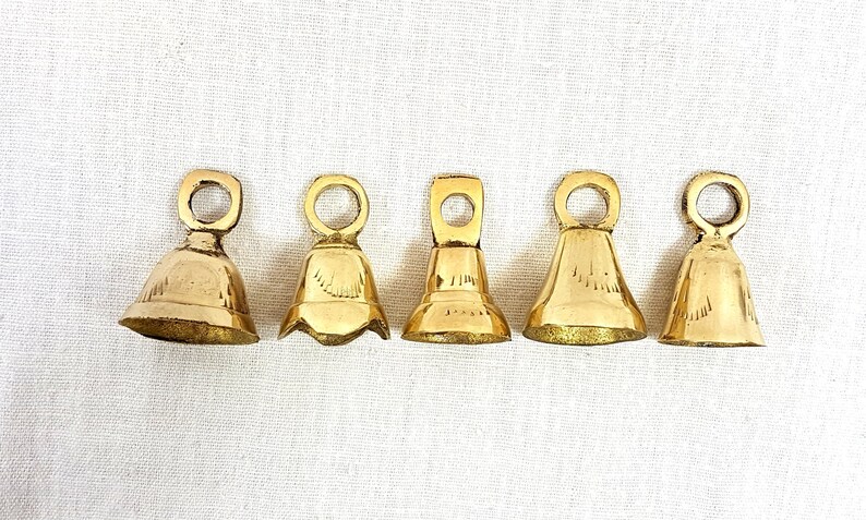 Set of 4 or 5 Brass Bells, Bells from India, bell supplies, Sarna Bells, String, Buddhist Kabbalah, Hanging Bells Engraved Etched Hammered image 1