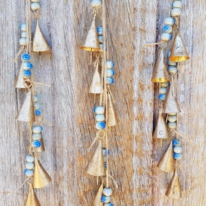 Windchime with blue ceramic beads, Bells on a string, Rustic Farmhouse Door Hanger, Vintage Cow Bell, Boho, feng shui wall hanging Nepal