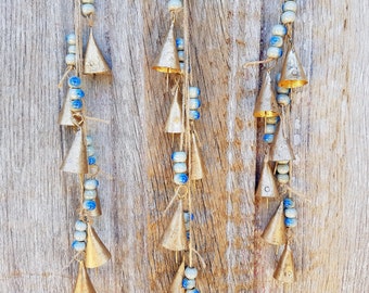 Windchime with blue ceramic beads, Bells on a string, Rustic Farmhouse Door Hanger, Vintage Cow Bell, Boho, feng shui wall hanging Nepal