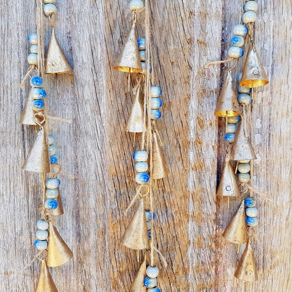 Windchime with blue ceramic beads, Bells on a string, Rustic Farmhouse Door Hanger, Vintage Cow Bell, Boho, feng shui wall hanging Nepal