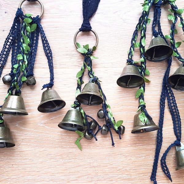 Witch Bells, Entry Way Protection Bells, Witchcraft, Pagan, Wiccan, Front Door Bell, Windchime with bell, whimsical ethnic boho silk leaves