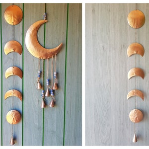 Gold Moon Phase Wall Hanging, Recycled metal wall decor, full half waning waxing crescent moon Wall Art, bronze brass gold chain mobile bell