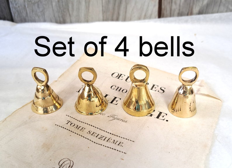 Set of 4 or 5 Brass Bells, Bells from India, bell supplies, Sarna Bells, String, Buddhist Kabbalah, Hanging Bells Engraved Etched Hammered image 6