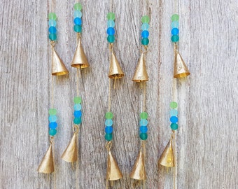 Windchime bells, Mobile bells, bells on string, small Bell, Bell Wind chime, Vintage brass cow bell, handmade India Ocean Sea blue turquoise