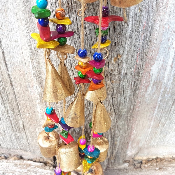 Bell Wall hanging, Windchime bells, Mobile cattle bell, bells on string, coconut shell bead, brass cow bell, ethnic boho gypsy hippie energy