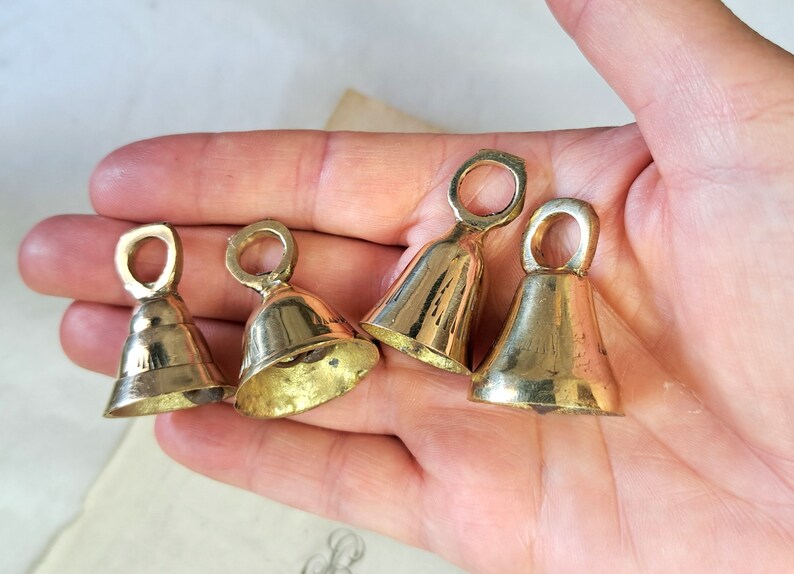 Set of 4 or 5 Brass Bells, Bells from India, bell supplies, Sarna Bells, String, Buddhist Kabbalah, Hanging Bells Engraved Etched Hammered image 7