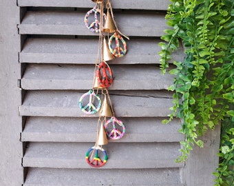 Windchime with cow bells on a string with PEACE sign pendant, Homemade hippie wall hanging decor, rustic vintage door hanger, suncatcher