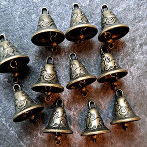 Small brass bronze jingle bells with hares rabbit bunny and birds with light sound, witch bells, windchime, christmas, bohemian, pet dog cat image 1