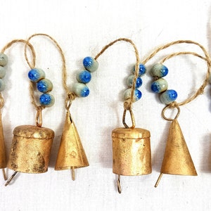 Windchime bells, Mobile bells, small bells on string with ceramic beads, Vintage brass cow bell, handmade India crackle blue bead raku