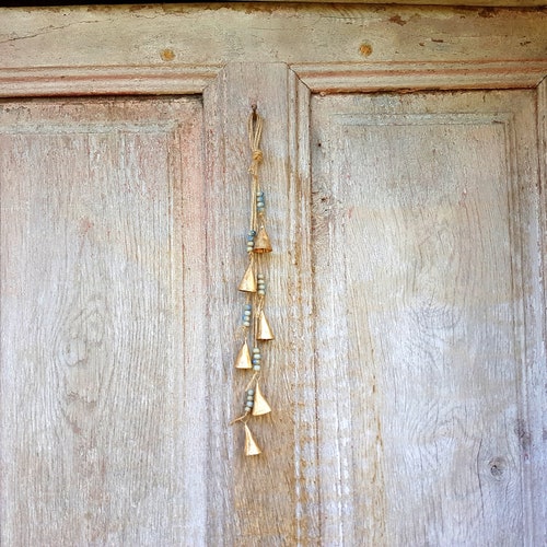 Cow bells on string, Rustic Windchime with blue ceramic beads, Farmhouse Boho, Ethnic, Bohemian, feng shui doorhanger, wall hanging Nepal