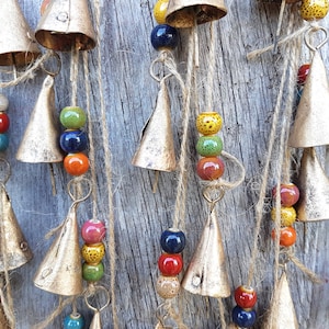 Cow Bells on a string mobile, Rustic Windchime, Vintage Door Hanger, Boho, Ethnic, Bohemian, feng shui, wall hanging India raku ceramic bead