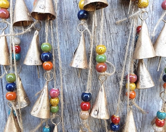 Cow Bells on a string mobile, Rustic Windchime, Vintage Door Hanger, Boho, Ethnic, Bohemian, feng shui, wall hanging India raku ceramic bead