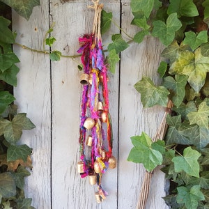 Colorful Windchime, Window Suncatcher, Door Chime, Musical doorhanger, bronze metal bell, India cow bells, cattle bell, Sari silk ribbon