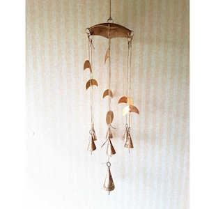 Hanging Mobile with cow bells and small moon phase decor, Musical carillon, Windchime, sun cather window door wall hanger decor patio garden