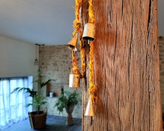 Brass bell Windchime, Boho Wall hanging wind chime, hanging bells on a string, cow bells witch bells, garland, sari silk from India colorful