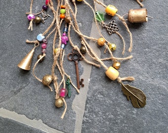 Witch Bells door hanger for extra protection with skeleton key, boho fantasy wind chime with bells and mixed beads, ethnic whimsical feather