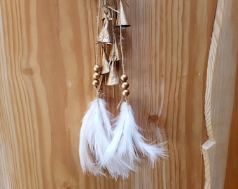 Bells on a string, White feather Windchime, Door Hanger, Vintage Cow Bell, Ethnic, Bohemian, feng shui window decor, wall hanging India