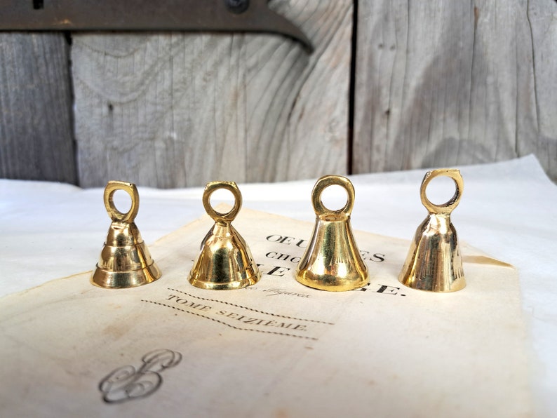 Set of 4 or 5 Brass Bells, Bells from India, bell supplies, Sarna Bells, String, Buddhist Kabbalah, Hanging Bells Engraved Etched Hammered image 5