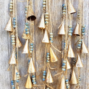 Bells on string with BLUE ceramic beads, Rustic Windchime, Vintage Cow Bell, Boho, Ethnic, Bohemian feng shui doorhanger, wall hanging Nepal