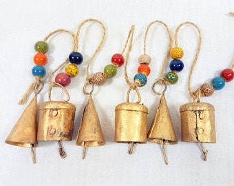 Windchime with bells, Mobile with bells, ceramic beads, bells on string, small Bell, brass cow bell, handmade India crackle color bead raku