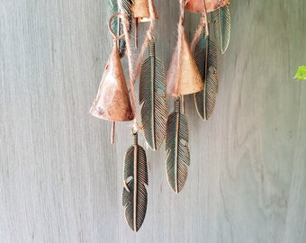 Hanging windchime with cow bells on a string with brass feather pendants, Homemade unique wall decor, rustic vintage door hanger, suncatcher