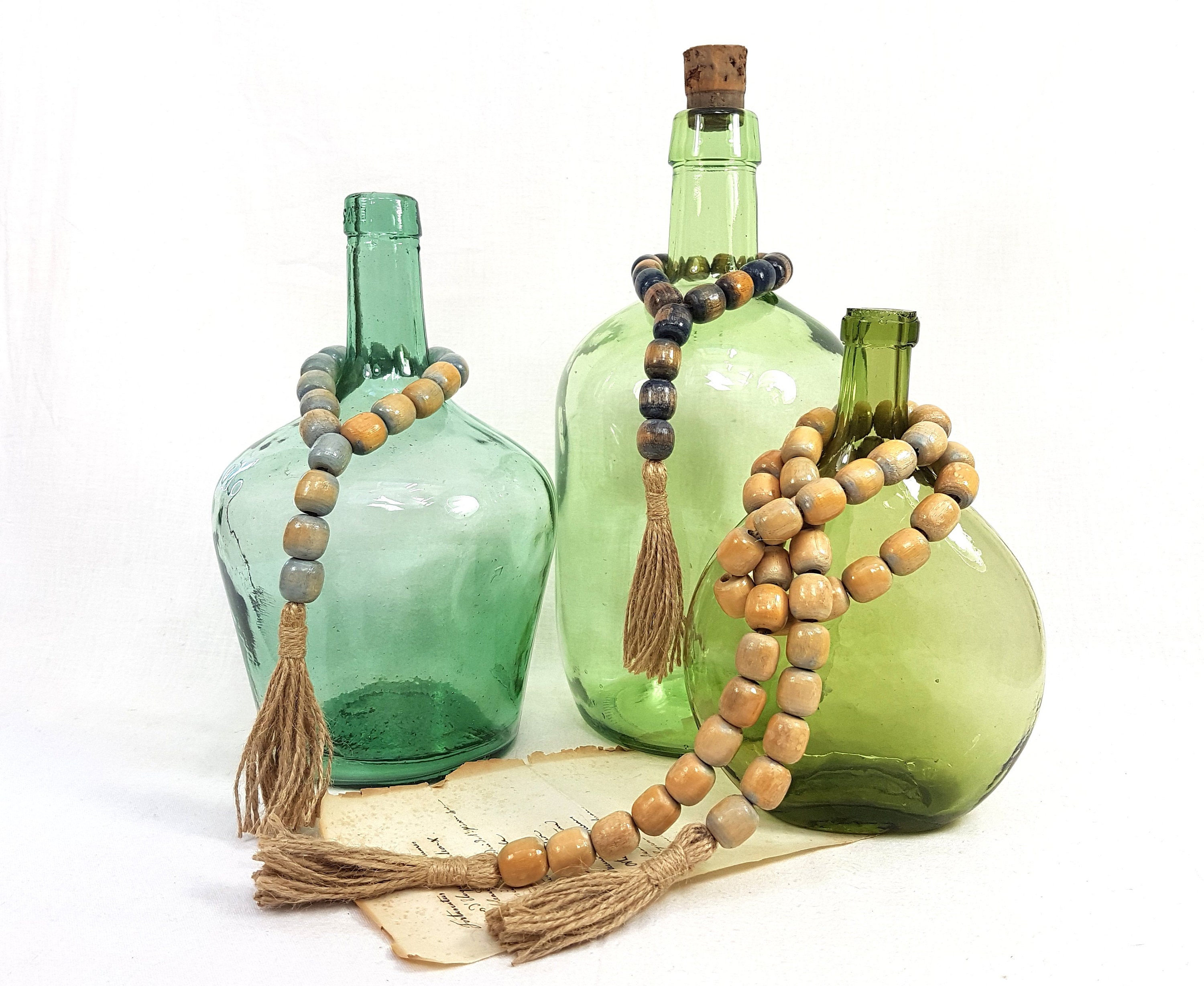 Boucle Perlée en Bois Vintage avec Gland, Grandes Perles, Guirlande Vintage, Glands de Chanvre Sisal