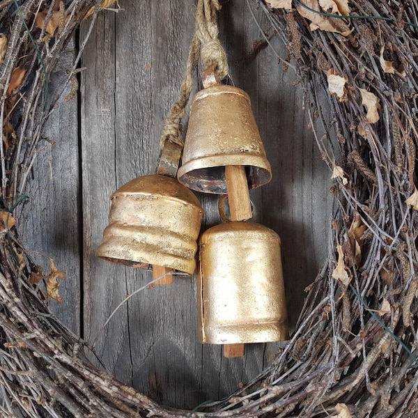 Set of 3 large Cow Bells for your front door wreath, Porch bells, Christmas home decor, supply DIY decor patio gift present round, rustic
