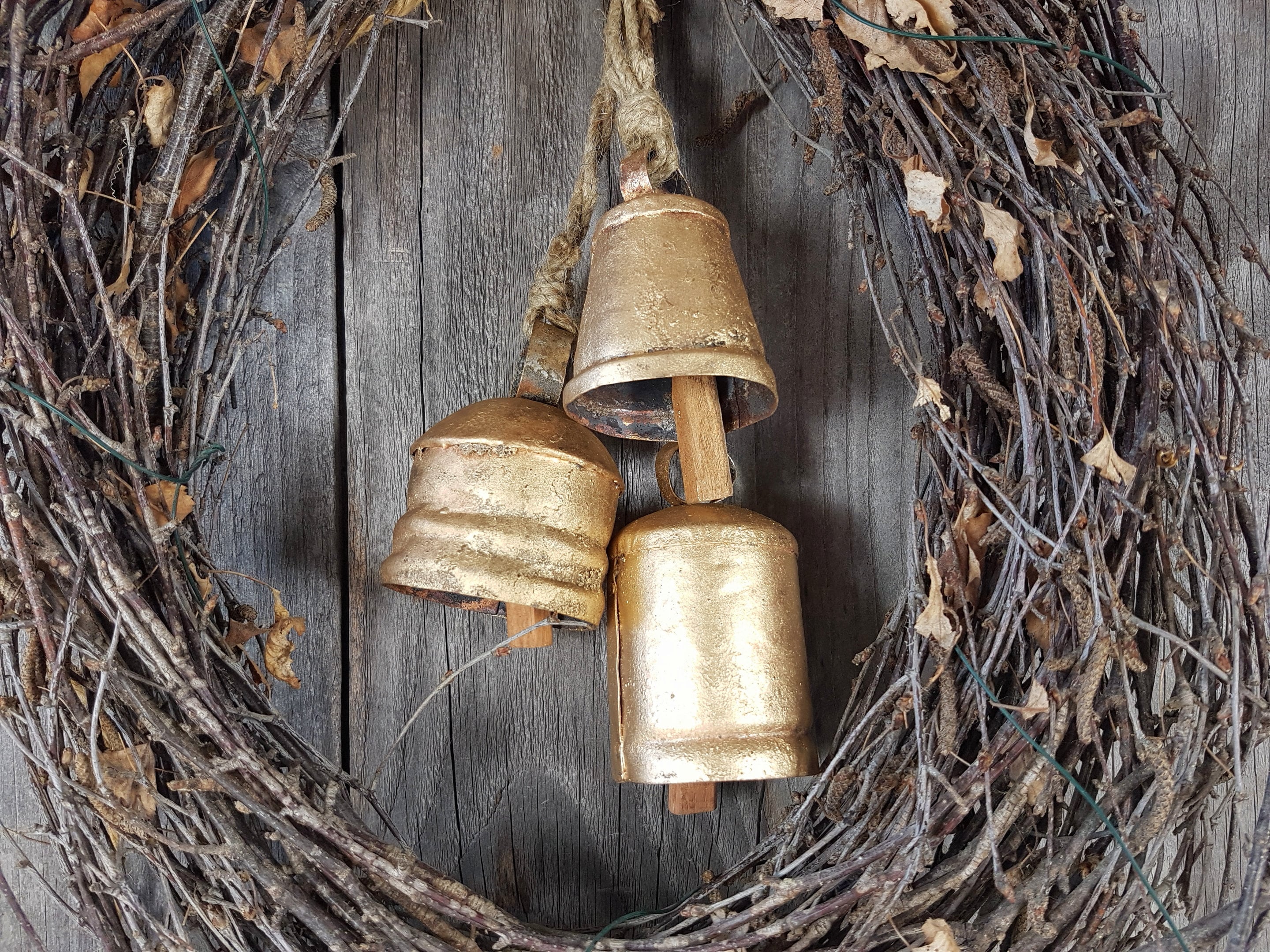 Set of 3 large Cow Bells for your front door wreath, Porch bells, Christmas home decor, supply DIY decor patio gift present round, rustic