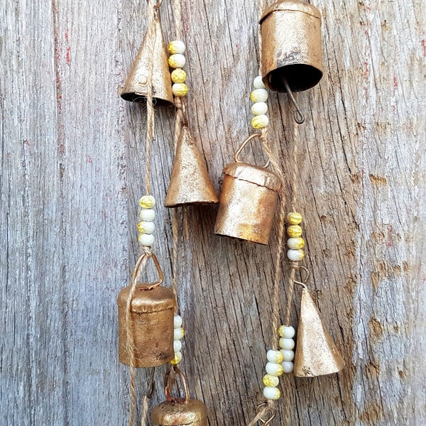 Windchime with gold crackle ceramic beads and bronze colored recycled metal cattle bells, musical mobile, bell on string, hanging wall decor