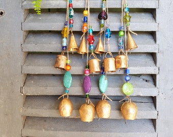 3 Cow bells on a string with glass and silver beads, Ethnic Boho Hippie colorful windchime, witch bells, suncatcher door hanger, home decor