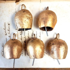 5 Brass Bells, Swiss Cow Bells, Cattle bell, Suncatcher, Garden decor, bells on string, Christmas bell, Vintage decor, India, wall hanging