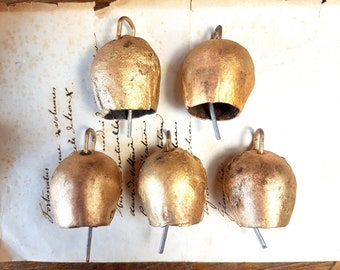 5 Brass Bells, Swiss Cow Bells, Cattle bell, Suncatcher, Garden decor, bells on string, Christmas bell, Vintage decor, India, wall hanging