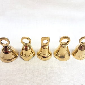 Set of 4 or 5 Brass Bells, Bells from India, bell supplies, Sarna Bells, String, Buddhist Kabbalah, Hanging Bells Engraved Etched Hammered image 3