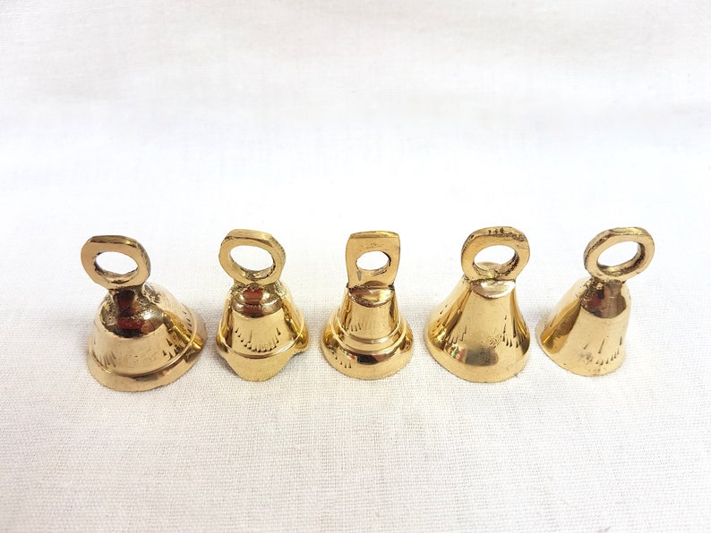 Set of 4 or 5 Brass Bells, Bells from India, bell supplies, Sarna Bells, String, Buddhist Kabbalah, Hanging Bells Engraved Etched Hammered image 3