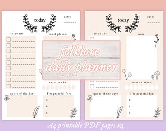 May include: Printable daily planner pages with a folklore theme. Each page features a to-do list, meal planner, notes section, water tracker, quote of the day, and a section for gratitude. The pages are decorated with floral and nature-inspired illustrations.