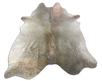 Natural Grey Beige Cowhide Rug with Rose Gold Metallic Acid Washed - Size: 7x6 feet # K-261