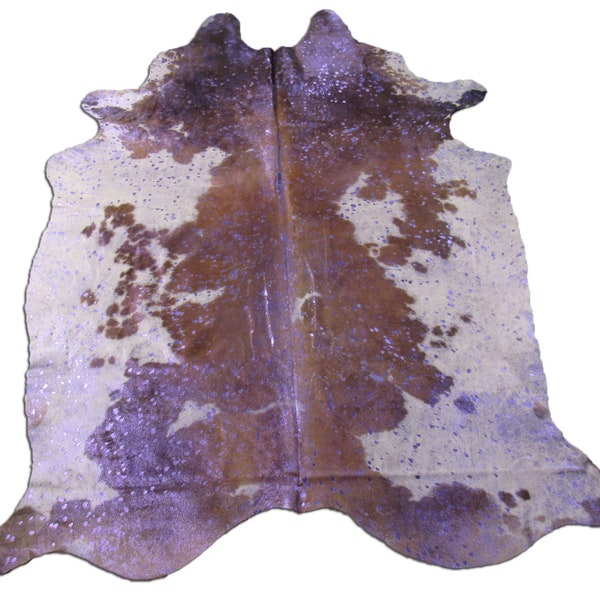 Brown & White Cowhide Rug with Purple Acid Washed Metallic, Metallic Purple Hide Rug, Metallic Cow Skin Rug - Size: 7 1/4' x 6' # M-1110