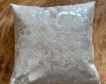 Silver Metallic Cowhide Pillow Cover, Cowhide Cushion Cover, Cowhide Square Throw Pillow Cover - Square - Size: 16 in x 16 in