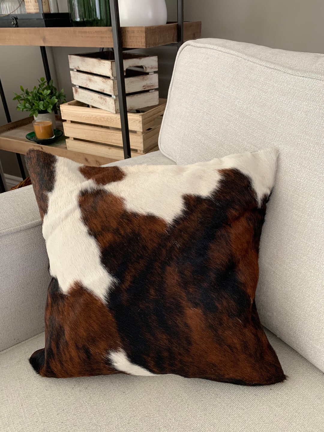 Cowhide Pillow 15 X 15 Tricolor Cowhide Pillow Cover / Natural Cowhide