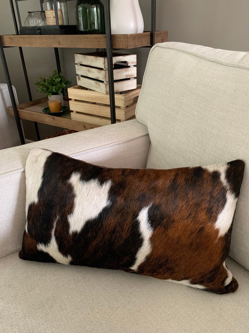 19 x 11 1/2" Tricolor Cowhide Pillow Cover / Natural Cowhide Pillow Cover -Lumbar- Size: 19 in x 11.5 in